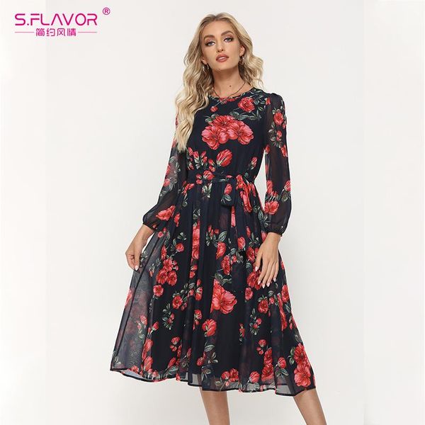 

casual dresses s.flavor red flower printed chiffon dress bohemian style long sleeve a-line summer women beach sundress clothes, Black;gray