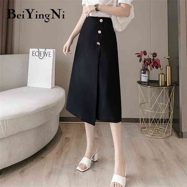 

womans skirt solid color midi a line irregular vintage casual slim women black fashion buttons chic jupes 210506