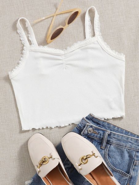 

lace trim rib-knit cami 48co#, White