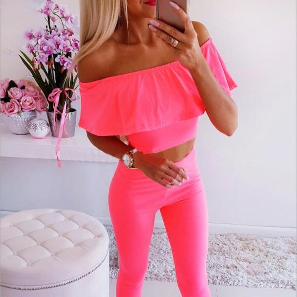 

off shoulder 2 piece clothing set women 2021 summer ruffle crop and pants suit ladies two bodycon tracksuits women's, Gray