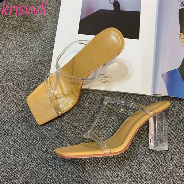 

slippers crystal clear chunky heels woman t strap pvc transparent sandals mules high summer runway shoes a0b4, Black