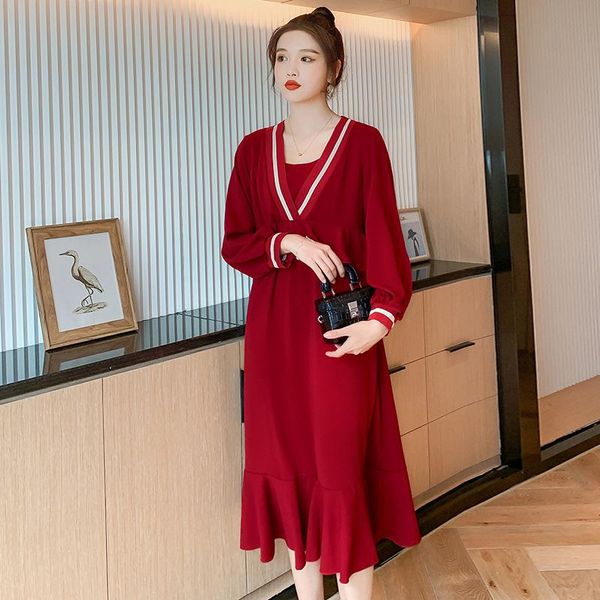 

maternity dresses 7023# autumn korean fashion long party dress elegant slim loose clothes for pregnant women ties waist spring pregnancy, White