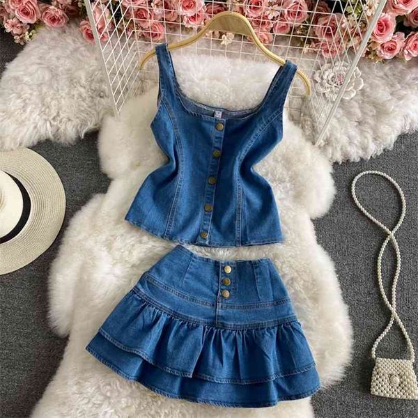 Sommer Streetwear Mode Denim Zwei Stück Set Frauen Sexy Crop Top + Meerjungfrau Mini Rock Anzüge Damen 2 Ensemble Femme 210514