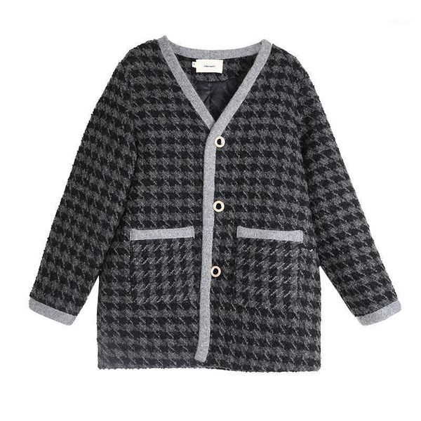 

women's wool & blends v neck women black houndstooth cardigan 2022 long sleeve jacket autumn winter loose oversized woolen coat casual