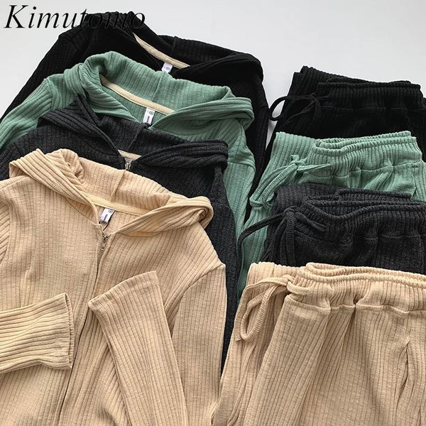 

kimutomo women suit spring korean chic ladies long sleeve hooded cardigan + high waist solid pants casual two piece set 210521, White