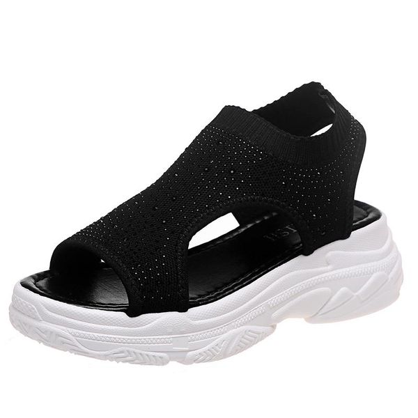 

sandals women's summer open toe thick sole hollow inlaid diamond casual fashion elastic foot set lazy shoes beach, Black