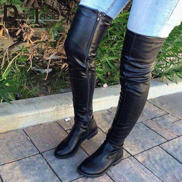 

boots doratasia plus size 34-46 brand ladies square low heel fashion zip over the knee women casual shoes, Black