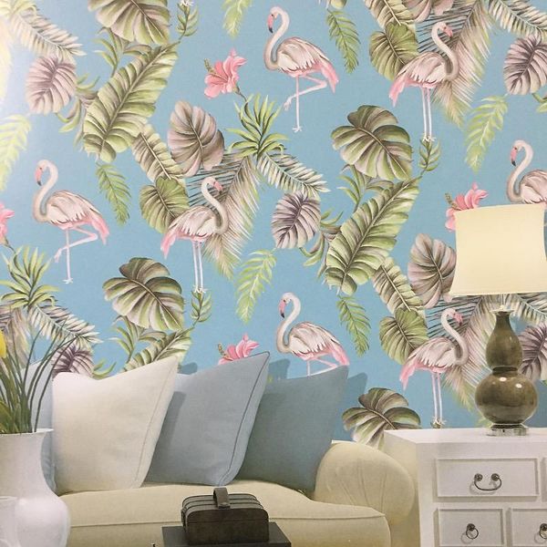 

wallpapers flower and bird flamingo tropical leaves wallpaper nusery room bedroom wall paper home decor, pink,teal,green