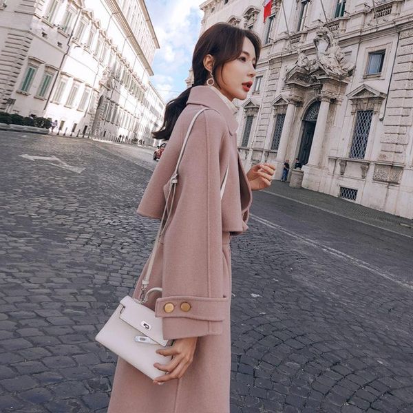 

women's wool & blends windbreaker style thick woolen coat female long 2021 autumn and winter loose temperament slim jacket overcoat f24, Black