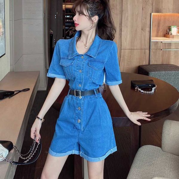 Sommer Casual Denim Strampler Jeans Insgesamt Hohe Taille Weites Bein Pullover Taschen Shorts Overall Playsuit Bodys 210531