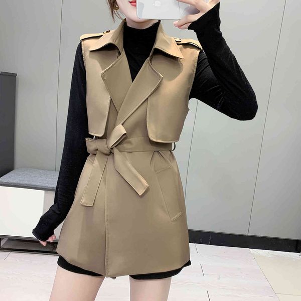 

summer sleeveless turn down collar double breasted patchwork loose mid long windbreaker overcoat with belt 16f1177 210510, Tan;black