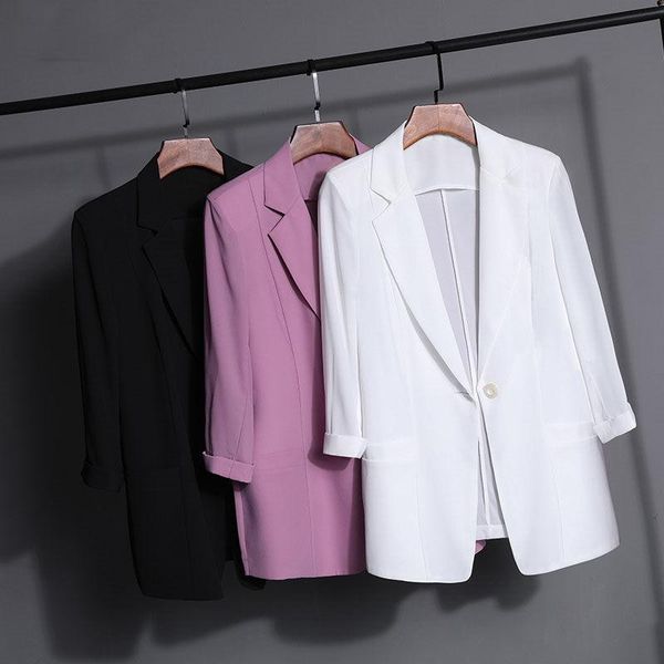 

women's suits & blazers simple blazer thin summer white casual 2021 jacket sunscreen chiffon suit three-quarter sleeves fashion zh1345, White;black