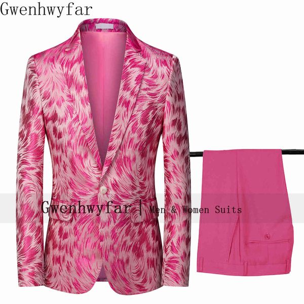 Gwenhwyfar 2020 Nuovo Disegno Degli Uomini Del Vestito 2 Pezzi Set Moda Phoenix Vestito Floreale Slim Fit Rosa Blu Abito Da Sposa Abiti Giacca Pantaloni X0909