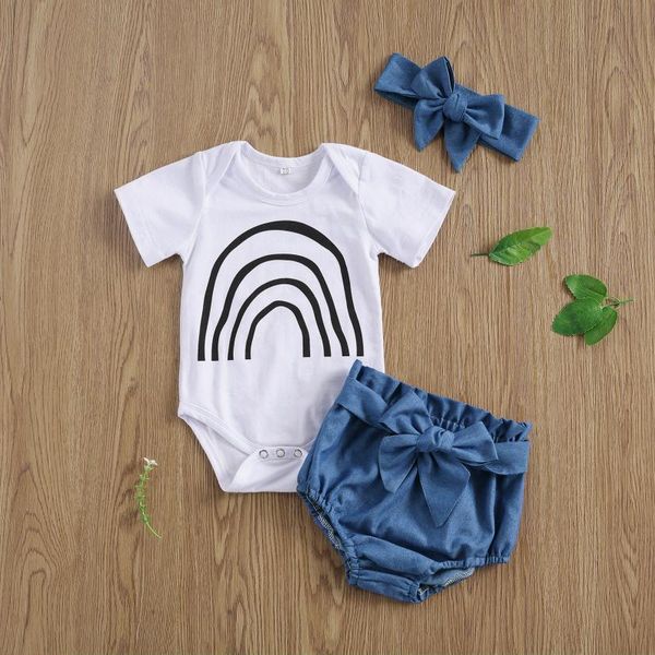 

clothing sets 0-18m lovely baby girls boys rainbow clothes 3pcs short sleeve romper bow shorts headband, White