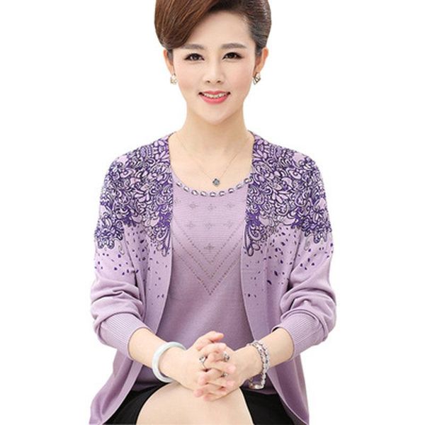 

women's knits & tees 2021 spring auutumn middle age women mother clothing set sweater female cardigan fashion floral outerwea qh0194, White