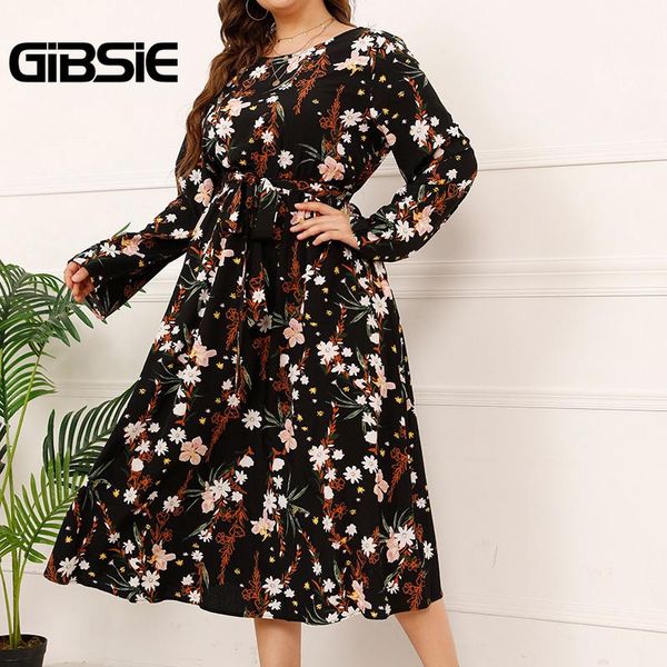 

plus size dresses gibsie floral print o-neck belted dress women autumn long sleeve vacation boho casual woman 2021, Black