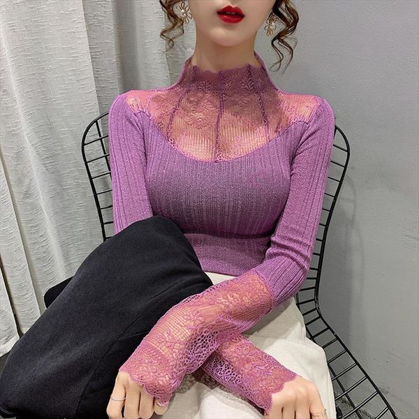 

lace stitching shirt women sweater spring half turtleneck female long sleeved render unlined slim elegant knit shirts, White;black