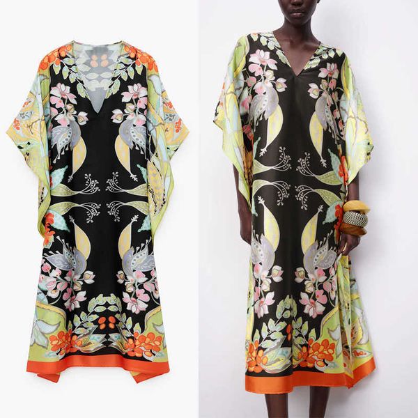 

za vintage print midi dress women wide short sleeve loose black summer dress female fashion side vents evening dresses 210602, Black;gray