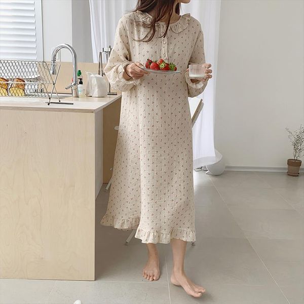 

autumn ruffle nightgown cherry women sleepwear print sleep dress loose casual cute homewear long sleeve o neck nightdress soft, Black;red