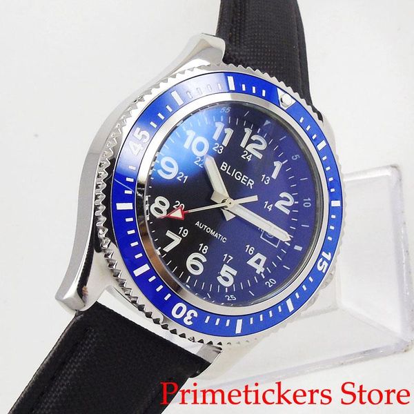 

blue dial 44mm mechanical men watch bezel date movement leather strap wristwatches, Slivery;brown