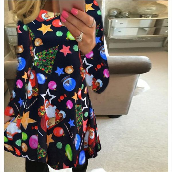 

large size s 5xl halloween womens dresses print long sleeve o neck christmas holiday loose clothing mini vestidos, Black;gray