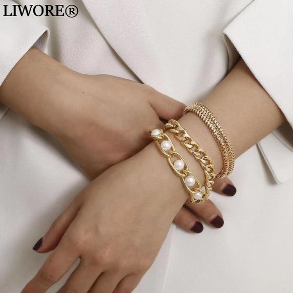 

link, chain liwore fashion white pearl bracelet set for women multilayer irregular snake gold thick retro gift, Black