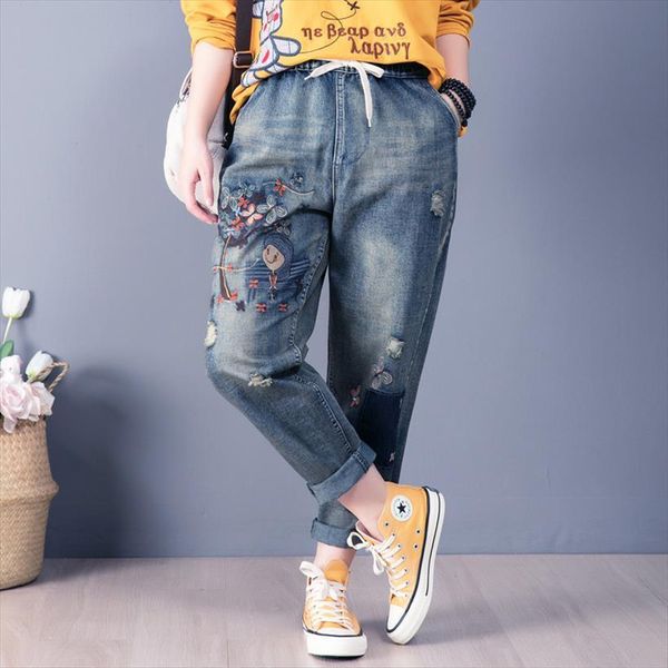 

spring summer fashion korea style womens jean vintage girl under tree embroidery oversize ankle length lady female loose harem pants, Blue