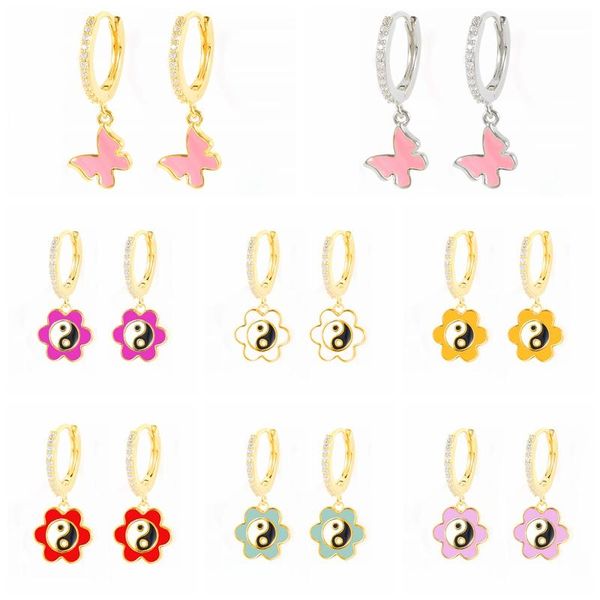 

hoop & huggie canner earrings 925 silver colorful petals oil drop yin yang for women boucle d'oreille argent 2pcs, Golden;silver
