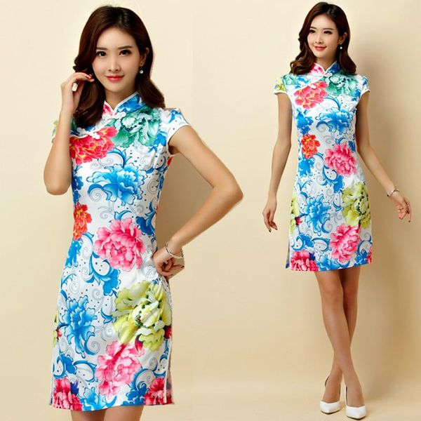 

3xl plus size chinese traditional women colourful flower print cheongsam qipao party female big short midi dress vestidos ethnic clothing, Red