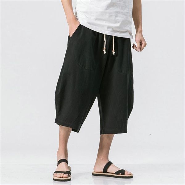 

chinese style summer linen women pant wide leg trousers male drop crotch man joggers calf length track, Black