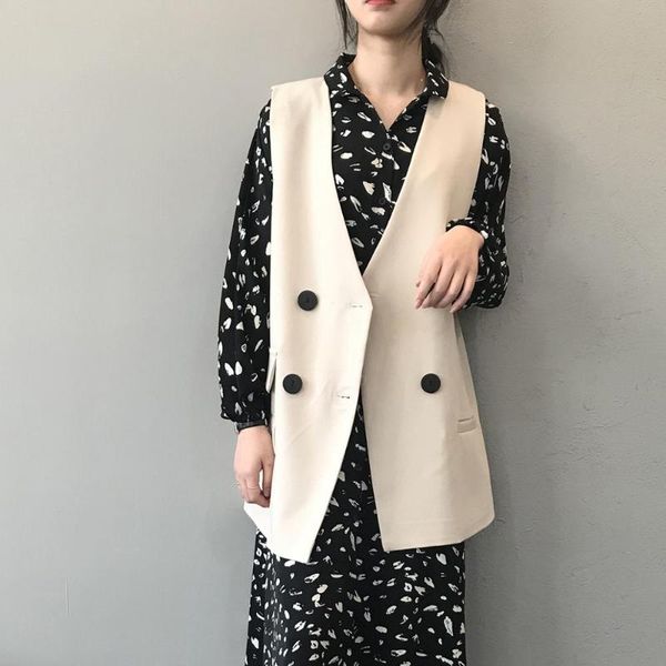 

women's vests 2021 spring autumn vest for women solid singel breasted sleeveless jacket waistcoat stand collar long female, Black;white