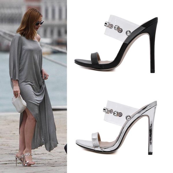

goddess2021 pvc rhinestone luxurious transparent fine woman gao with cool slipper 40 slippers, Black