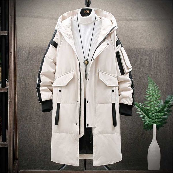 

warm thick men white duck down jacket hooded puffer jackets coat winter male casual long parka overcoat outdoor multi-pocket 211110, Black