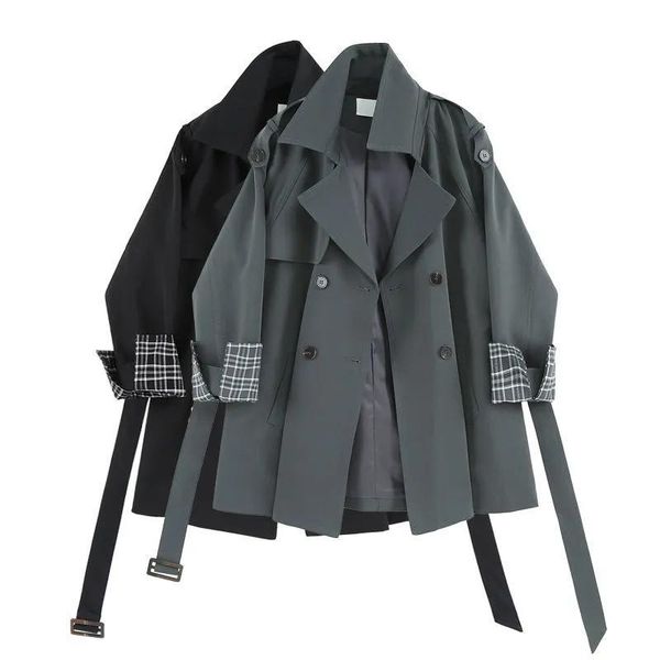

women's trench coats korean spliced style loose oversized short women's coat double-breasted belted lady cloak windbreaker spring o, Tan;black