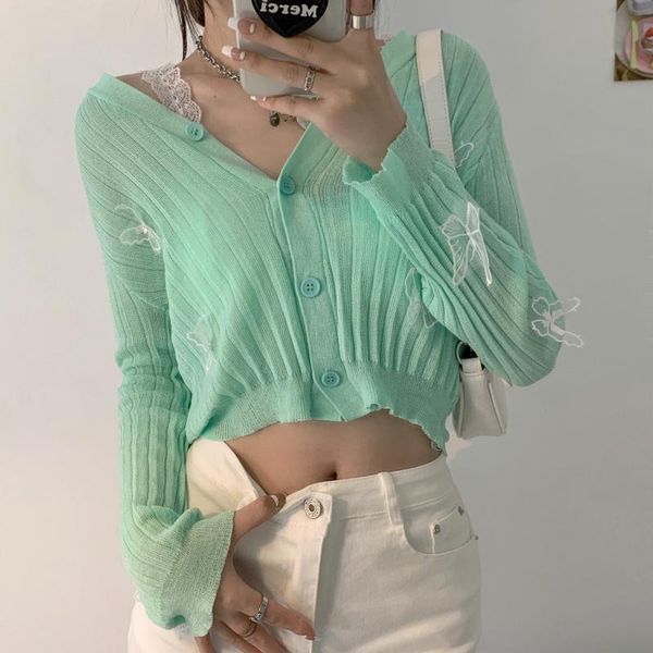 

women's knits & tees bowknot thin v-neck purple green cardigan short-sleeved sweater women summer 2021 style korean loose short top, White
