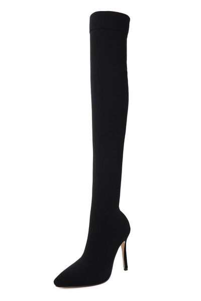 

boots ms knee-high season pointed spandex stiletto with socks, Black