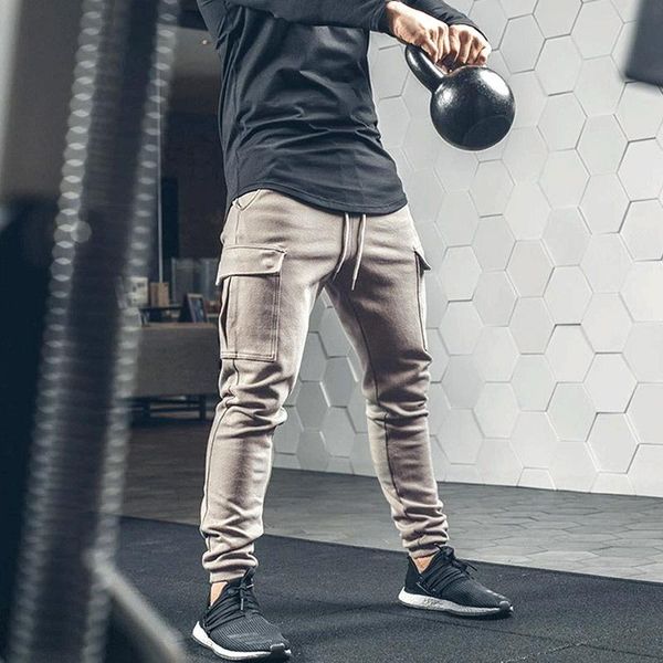 

men's pants autumn muscle brothers fitness sports leisure pocket tooling elastic slim camouflage fashion clothing men, Black