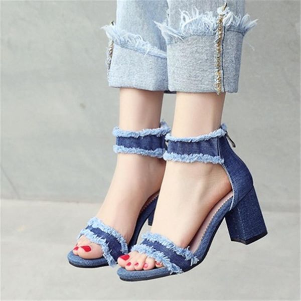 

plus size 34-43 2021 women sandals denim square high heels party dress shoes ladies summer, Black