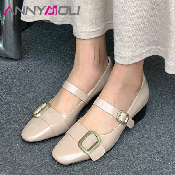 

genuine leather mid heels pumps mary janes shoes buckle strap women round toe thick heel dress footwear spring 40, Black