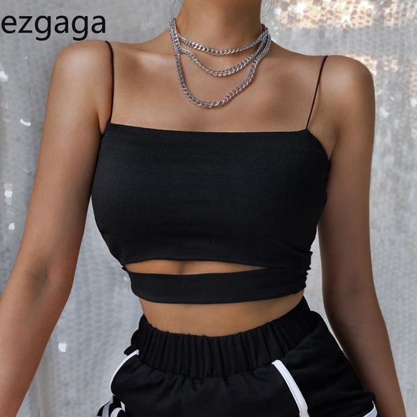 

women's tanks & camis ezgaga crop tank women sleeveless fashion hollow out solid basic camisole slim backless female clubwear, White