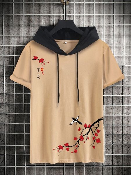 

men floral and letter graphic drawstring hooded tee u6za#, White;black