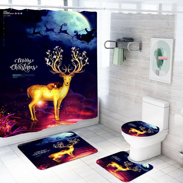 

pieces merry christmas shower curtain sets gold elk pad set home textile cartoon bath mat 3d print night moon bathroom curtains