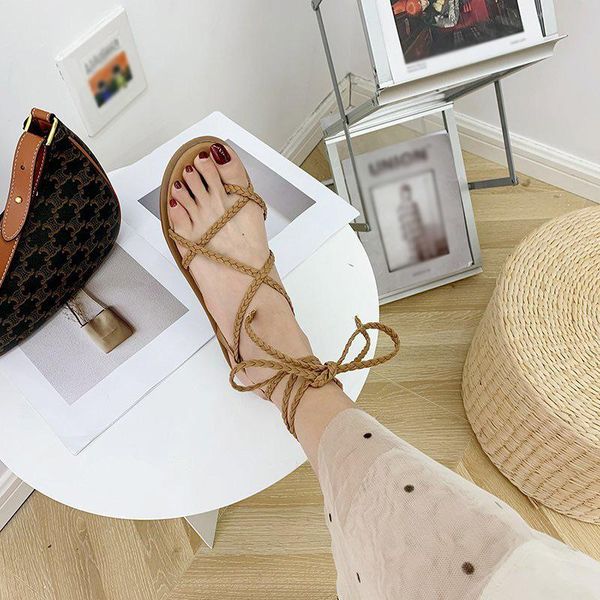 

sandals woman flat clip toe ankle straps weaving narrow band female shoes summer casual fashion ladies beach 2021, Black