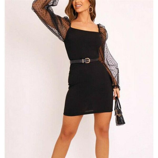 

trendy women dress mesh sheer long sleeve square collar polka dot evening club bodycon mini dresses one pieces casual, Black;gray