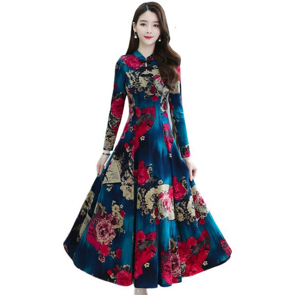 

casual dresses vintage floral dress ladies plus size autumn temperament cheongsam women long sleeve party vestidos 4xl g874 z1c3, Black;gray