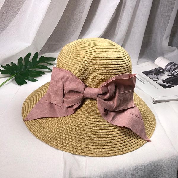 

spring and summer girls fashion casual bow straw hat outdoor sunscreen face anti-uv beach foldable wide brim hats, Blue;gray