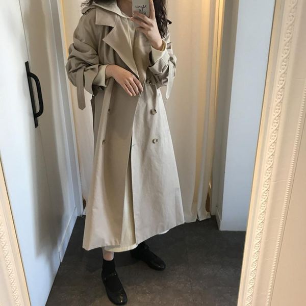 

women's trench coats wiccon autumn retro small fashion versatile 2021 women suit collar double breasted loose windbreaker lace up long, Tan;black