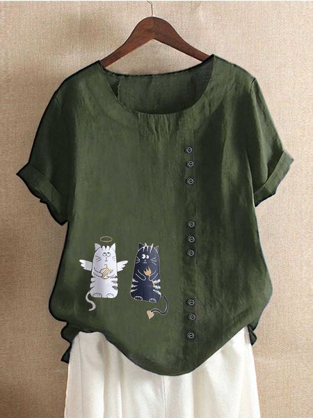 

women's t-shirt women special unique design black evil white angle cat cartoon print button oversize t-shirts office lady cute cotton