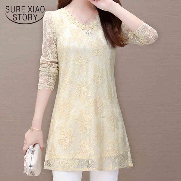 

bow v collar plus size spring mid-length shirt bottom pink lace blouse long sleeve women and bouses female 7987 50 210417, White