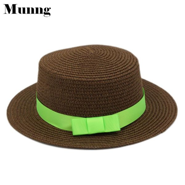 

munng women straw bowler boater sun hat round flat cap summer beach outdoor travel w/ green ribbon stingy brim hats, Blue;gray